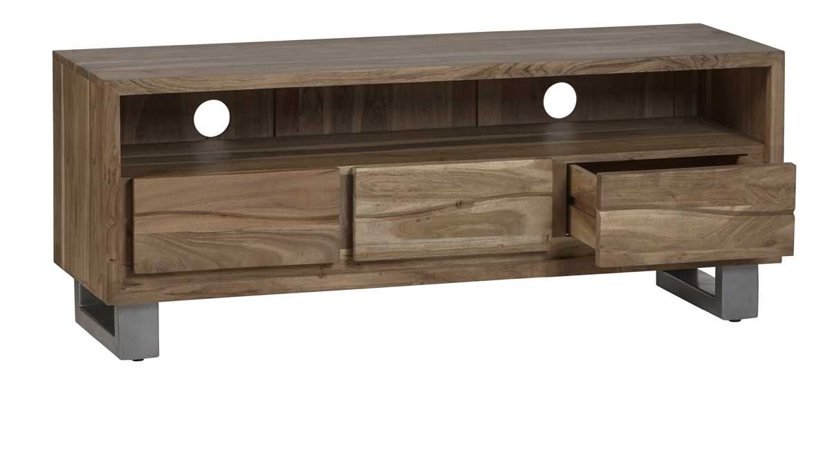 Wellington Acacia Wood Modern Wide Media Unit 3 Drawers
