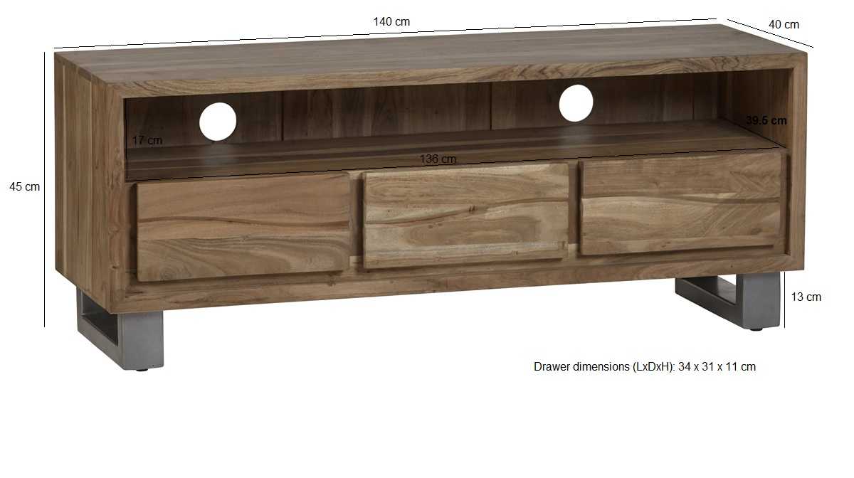 Wellington Acacia Wood Modern Wide Media Unit 3 Drawers