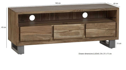 Wellington Acacia Wood Modern Wide Media Unit 3 Drawers