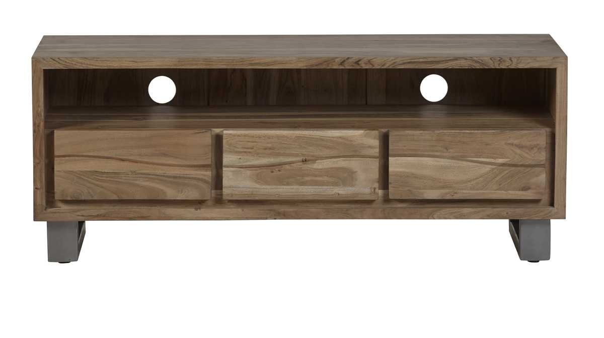 Wellington Acacia Wood Modern Wide Media Unit 3 Drawers