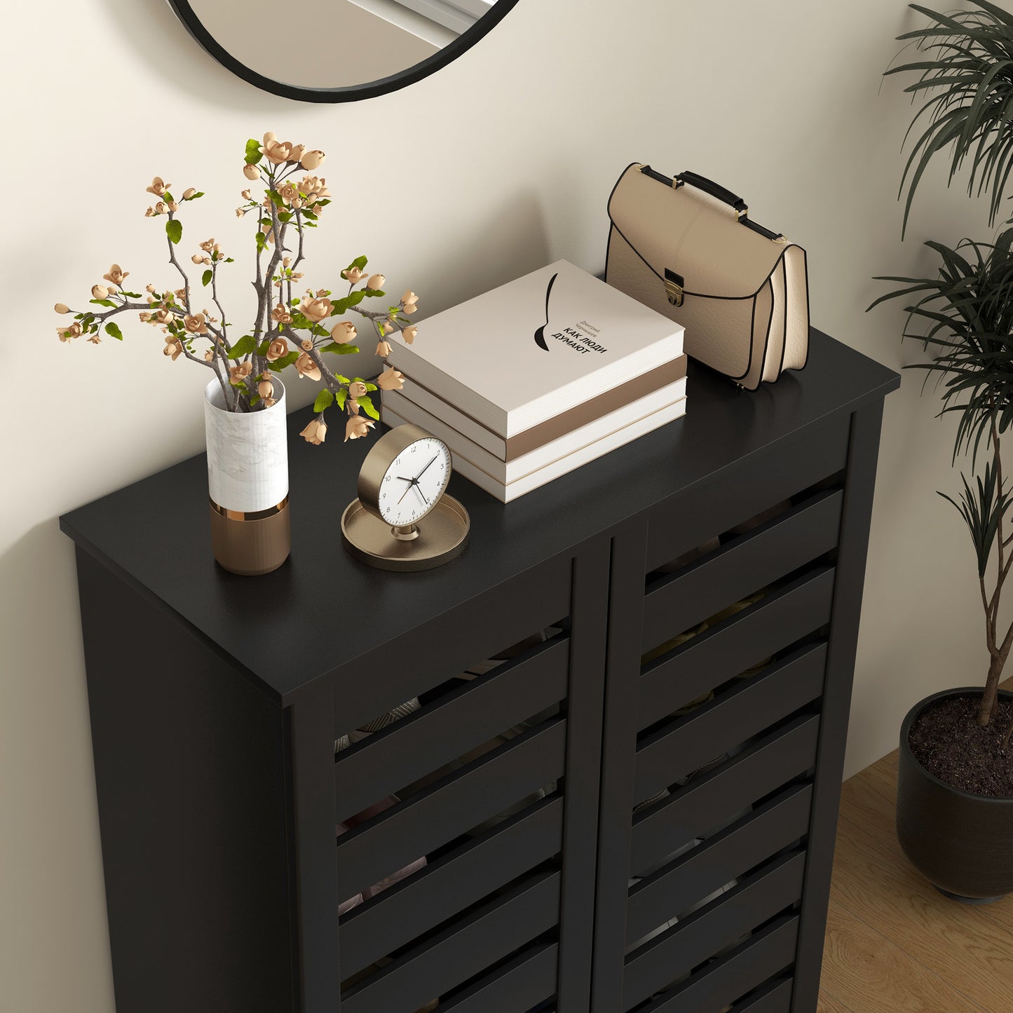 Kamoza Black Wooden White Slim Entryway Shoe Cabinet With 5 Tier Storage And Slatted Doors