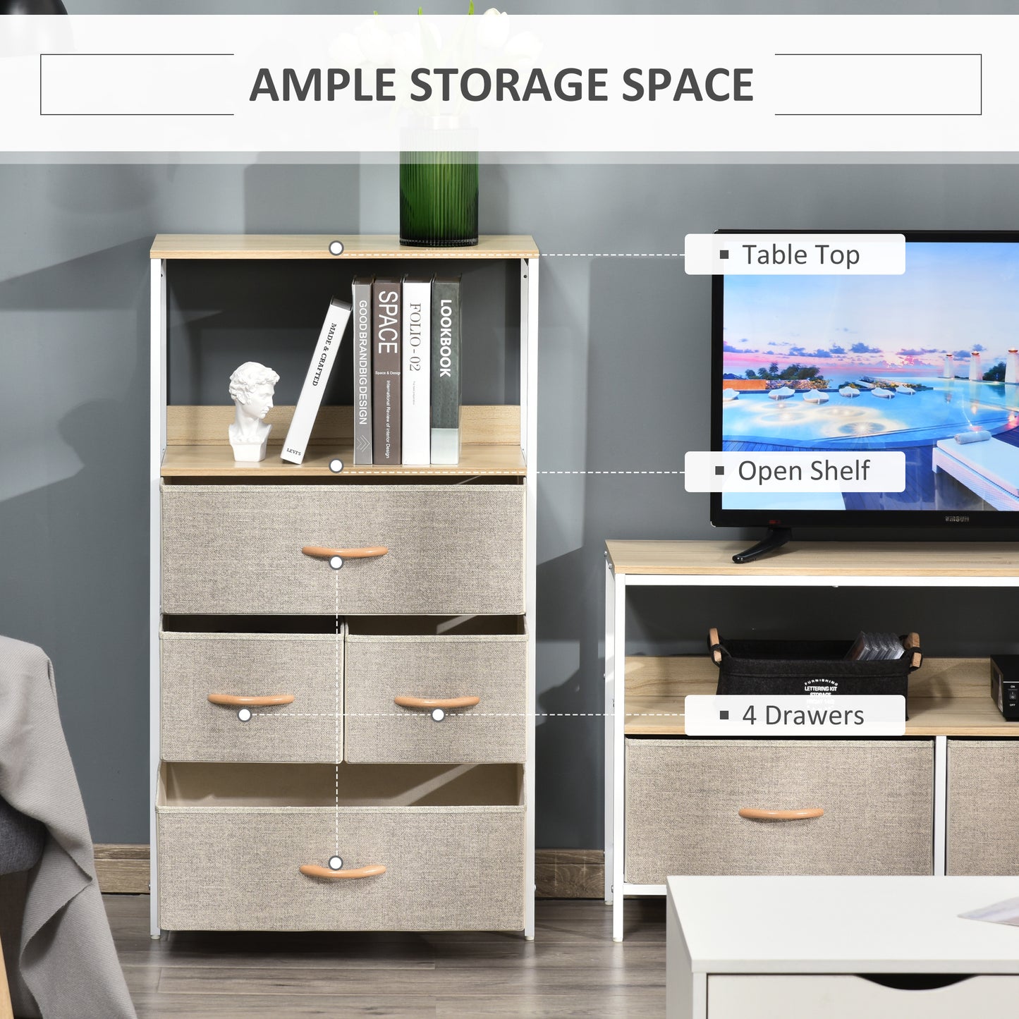 Bafadima Wooden Light Grey 4 Fabric Storage Drawers Chest With Open Shelves