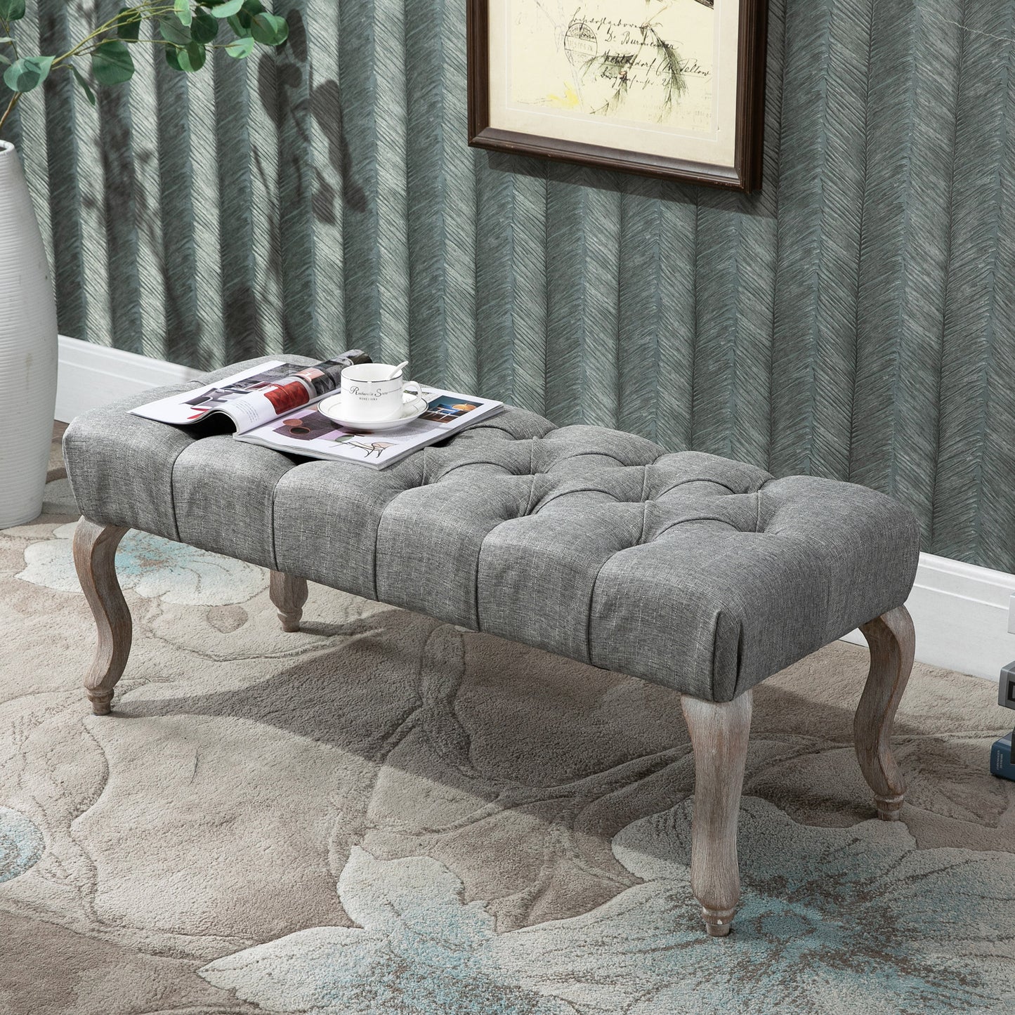 Kene Grey Upholstered Tufted Accent Bench White Washed Wooden Legs