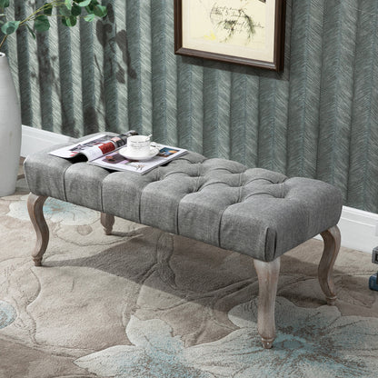 Kene Grey Upholstered Tufted Accent Bench White Washed Wooden Legs
