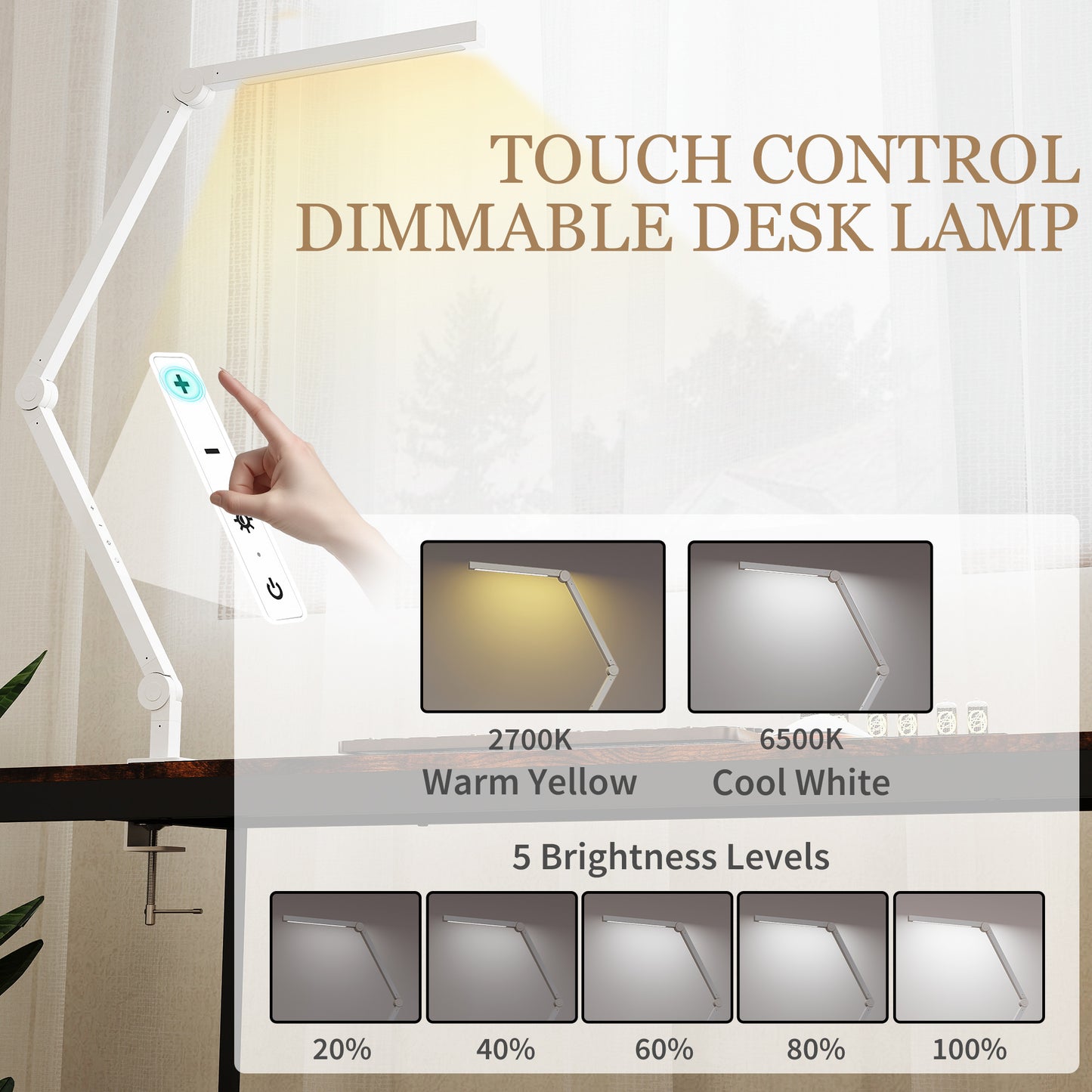 Laco Veni Metal White Dimmable Clamp Desk Lamp With Swing Arm Eye Care Light And Adjustable Brightness