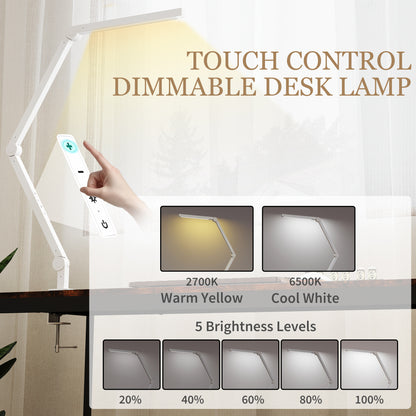 Laco Veni Metal White Dimmable Clamp Desk Lamp With Swing Arm Eye Care Light And Adjustable Brightness