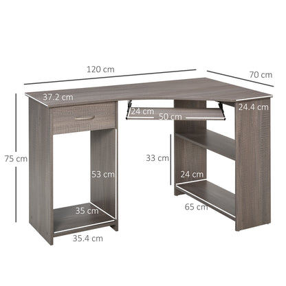 Nifi 120cm Wooden Grey L Shaped Corner Desk With Keyboard Tray Drawers And Shelving