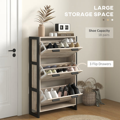 Tona Wooden Natural Wood Effect Slim Shoe Cabinet With 3 Flip Drawers For 18 Pairs