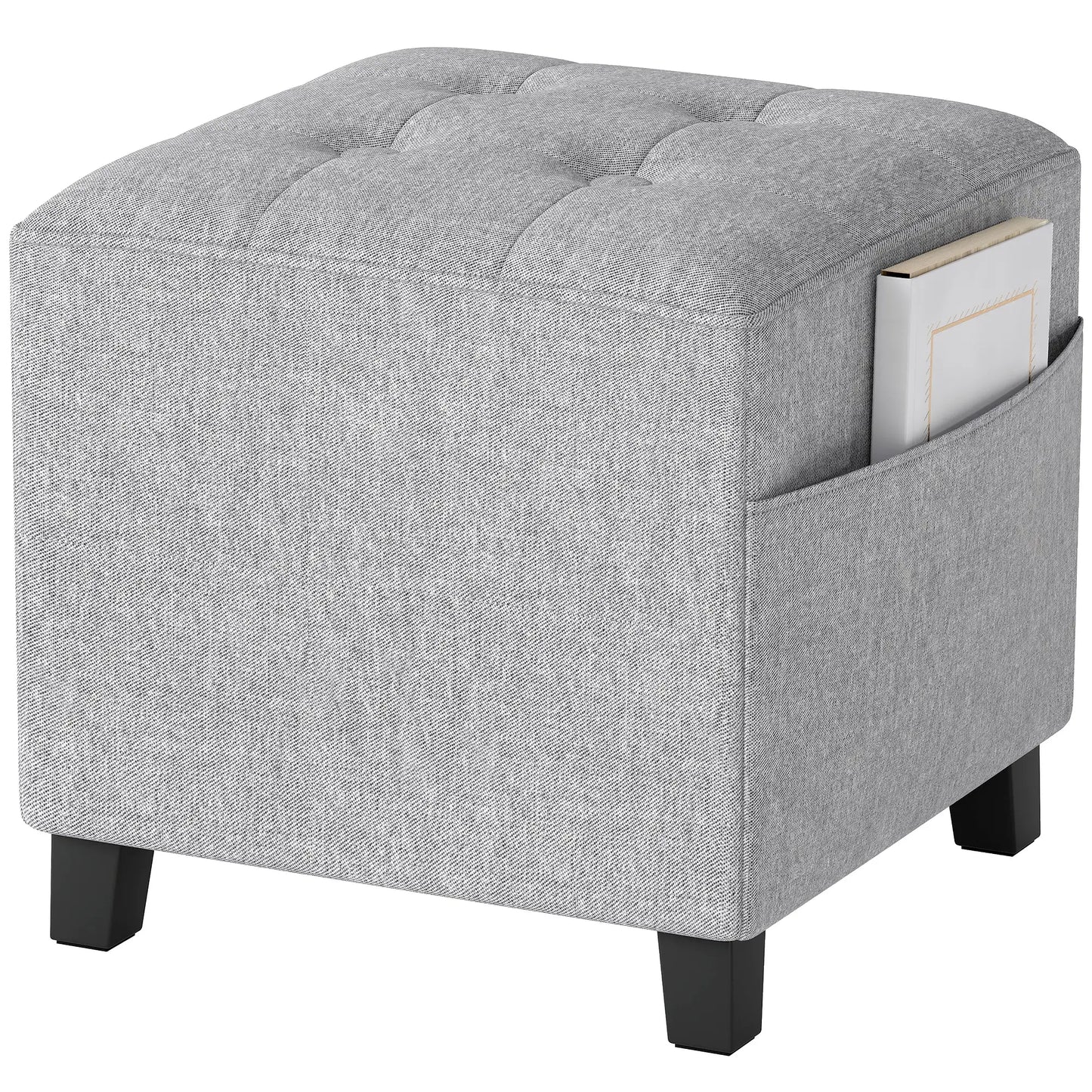Linen Light Grey Compact Square Footstool With Side Pocket And Black Wooden Legs