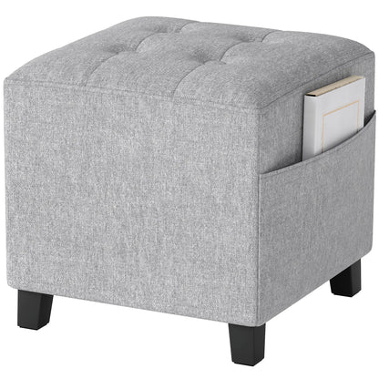 Linen Light Grey Compact Square Footstool With Side Pocket And Black Wooden Legs
