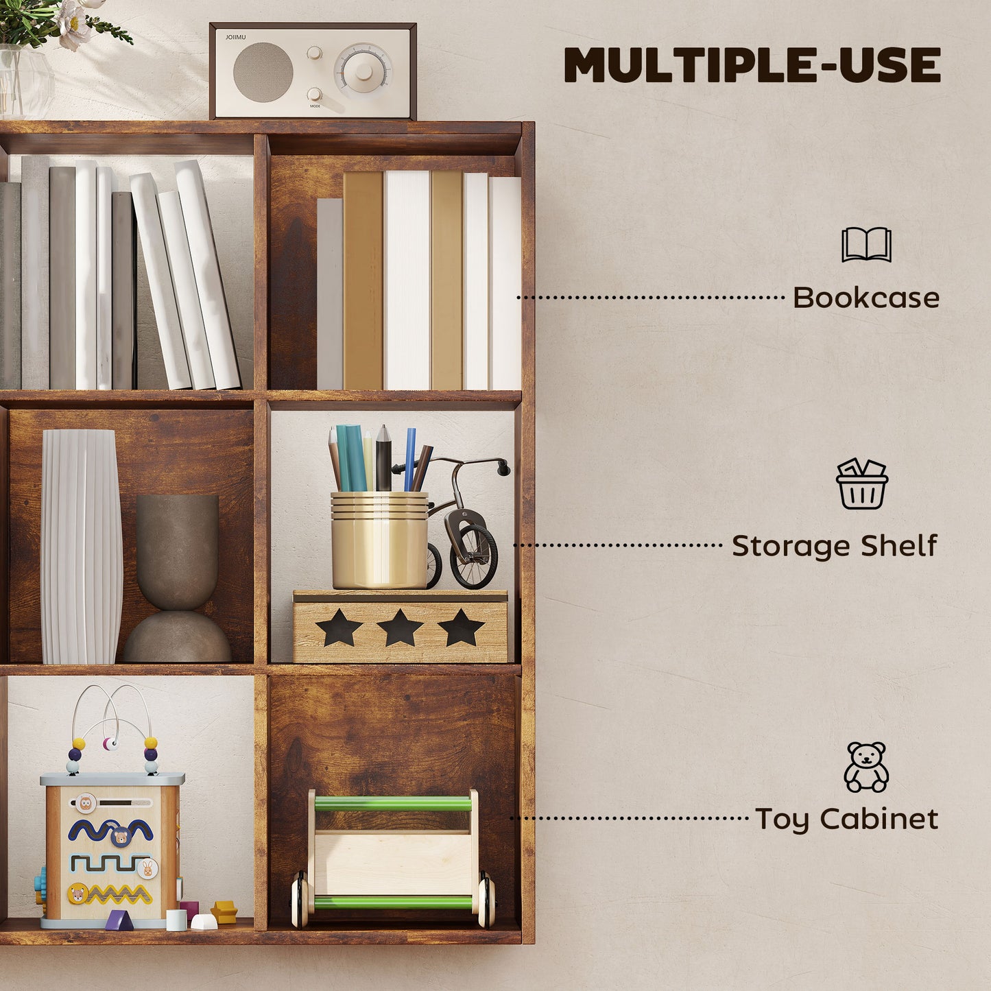 Mamomo Faha Wood Rustic Brown 3 Tier 9 Cube Storage Bookcase