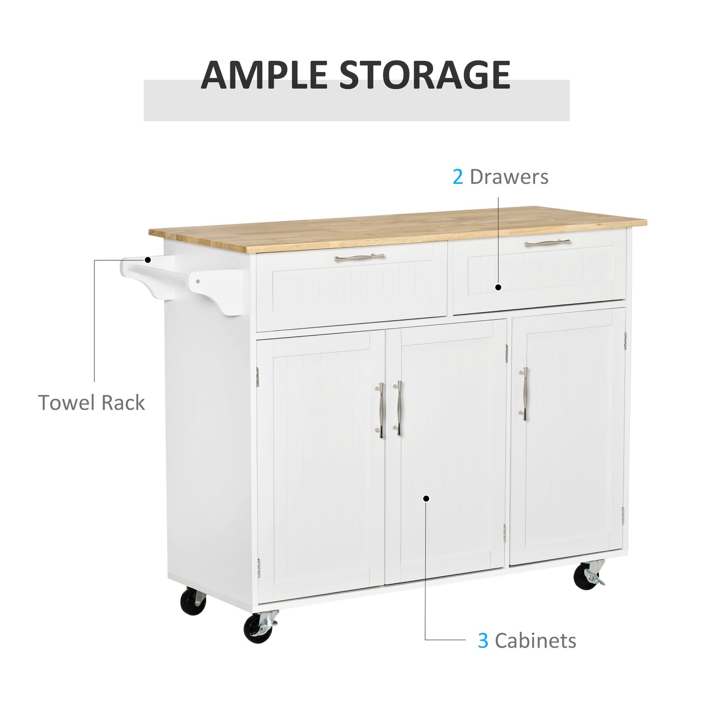 Nave Wooden White Kitchen Island 2 Drawers 3 Doors