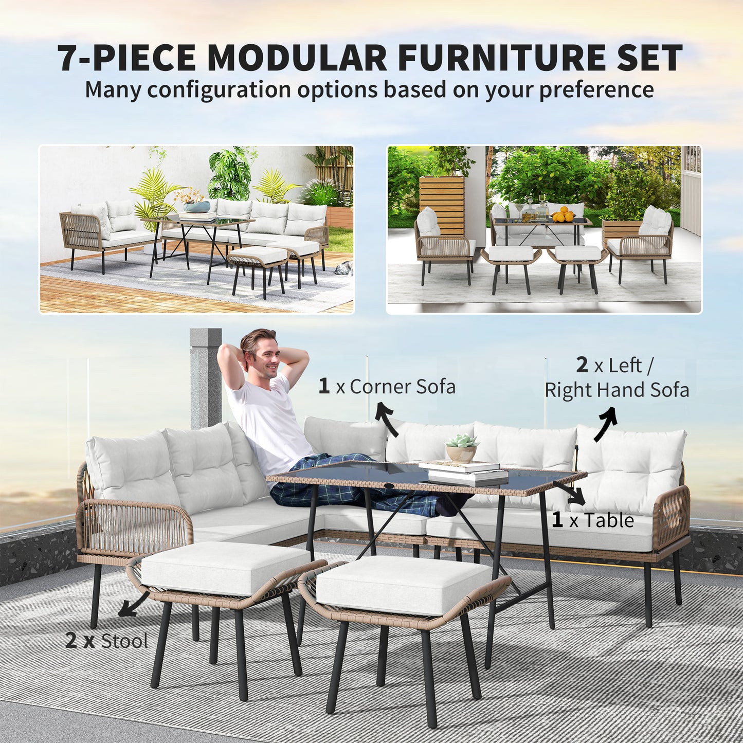 Sacoel Natural Rattan White 8 Seater Outdoor Corner Sofa Set With Glass Top Table