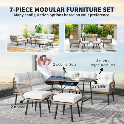 Sacoel Natural Rattan White 8 Seater Outdoor Corner Sofa Set With Glass Top Table