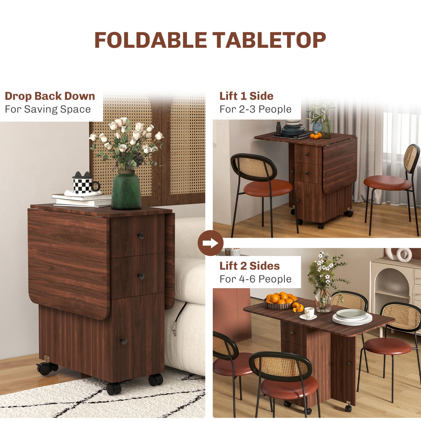 Difive Wooden Distressed Brown Drop Leaf Dining Table With Storage Seating 6