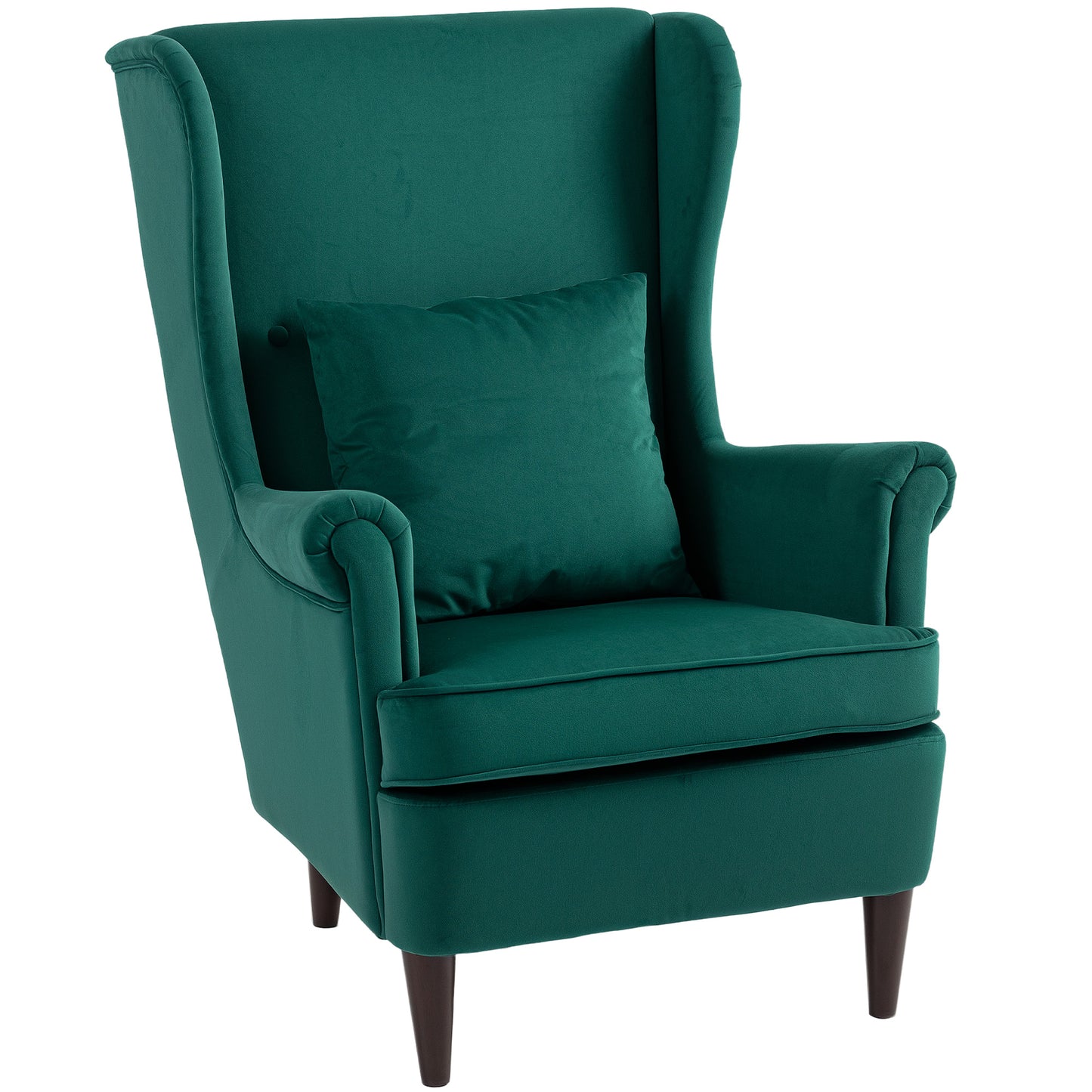 Velvet Dark Green Wingback Accent Chair With High Back Pillow And Wooden Legs