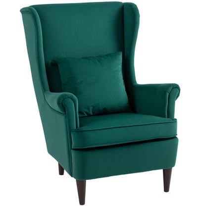Velvet Dark Green Wingback Accent Chair With High Back Pillow And Wooden Legs