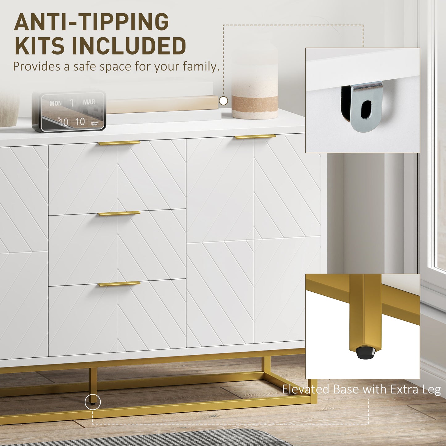 Luka White Sideboard 3 Drawers 2 Doors Chevron Design Gold Accents