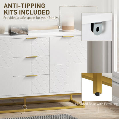 Luka White Sideboard 3 Drawers 2 Doors Chevron Design Gold Accents