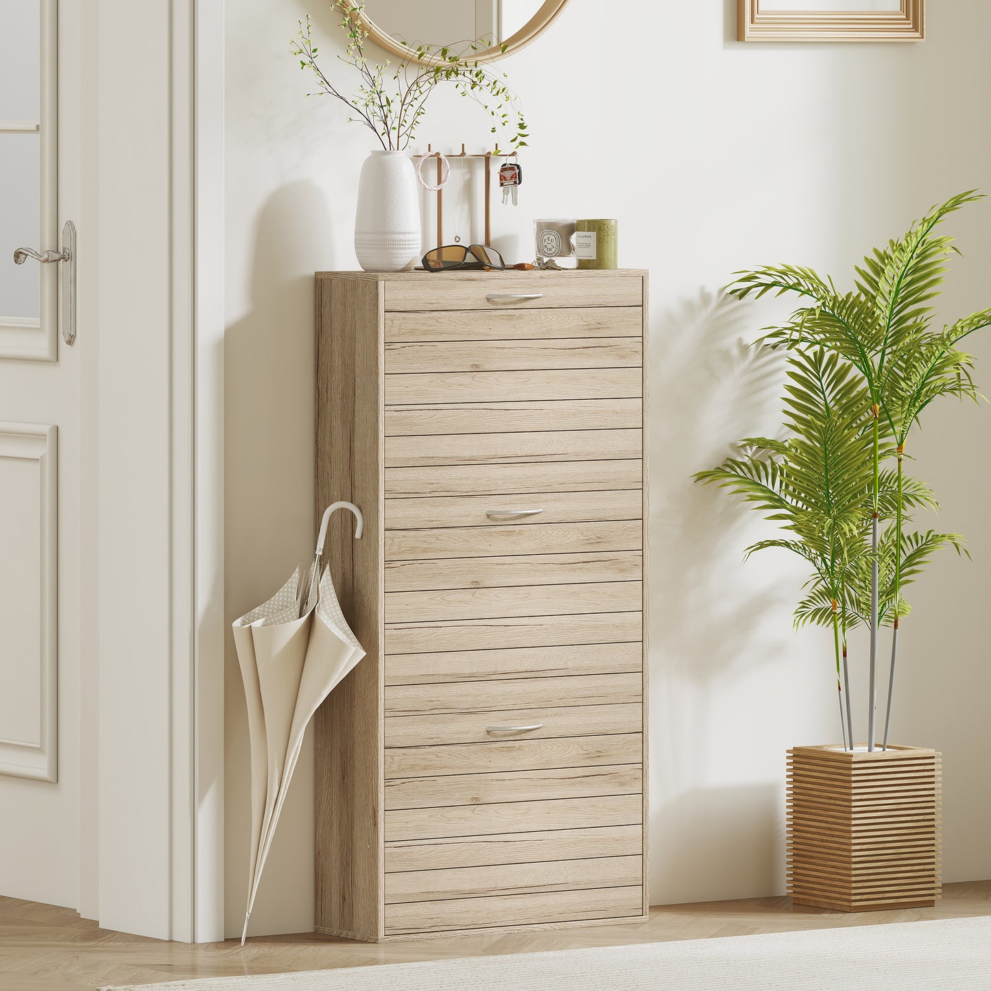 Covara Wooden Brown Wood Effect 12 Pair Shoe Cabinet With Flip Drawers