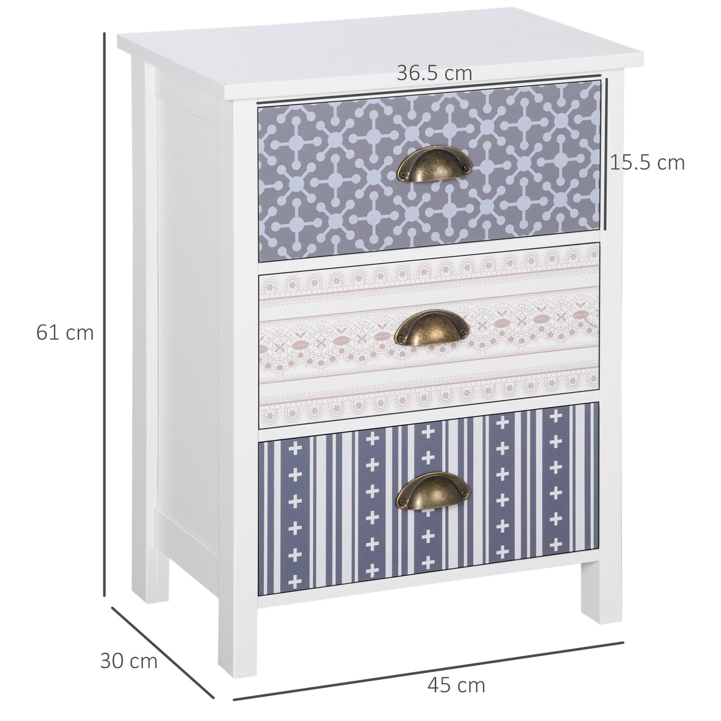 Lodive Set Of 2 Blue Shabby Chic 3 Drawer Bedside Tables With Metal Handles
