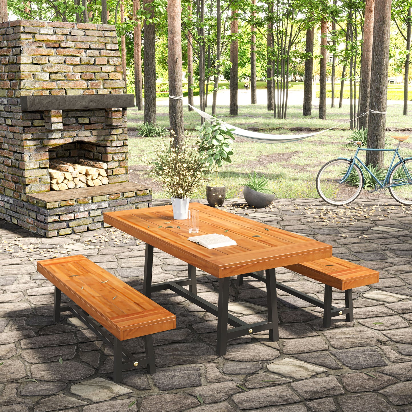 Nare Acacia Wood 3 Piece Picnic Table Set With 2 Benches