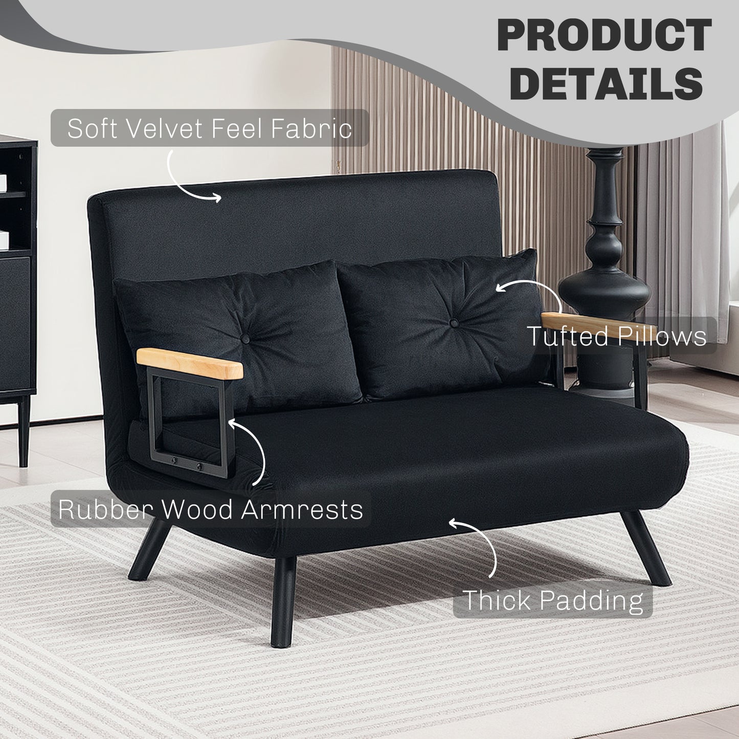 Tarico Black 4 In One Convertible Double Sofa Bed With Cushions