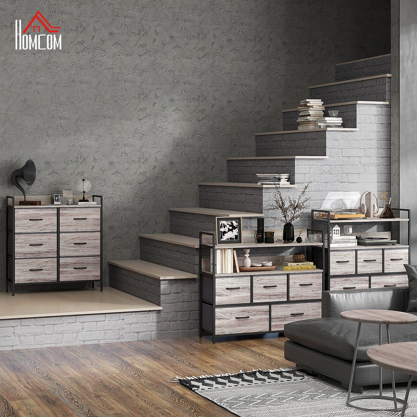 Ferris Fabric And Wood Grey Wood Effect 6 Drawer Rustic Storage Chest