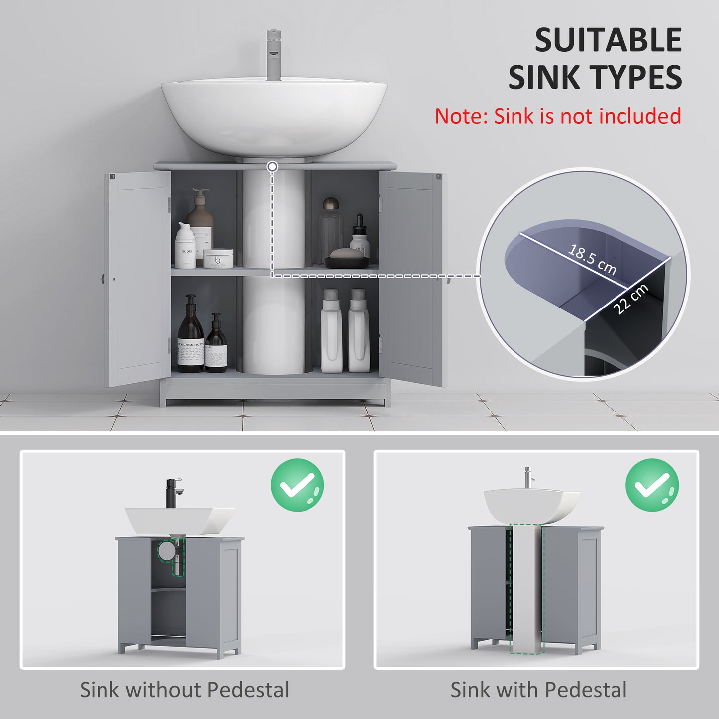 Seseha Grey Under Sink Vanity Cupboard With Double Doors And Adjustable Shelving For Fauxdestal Or OFauxn Basin