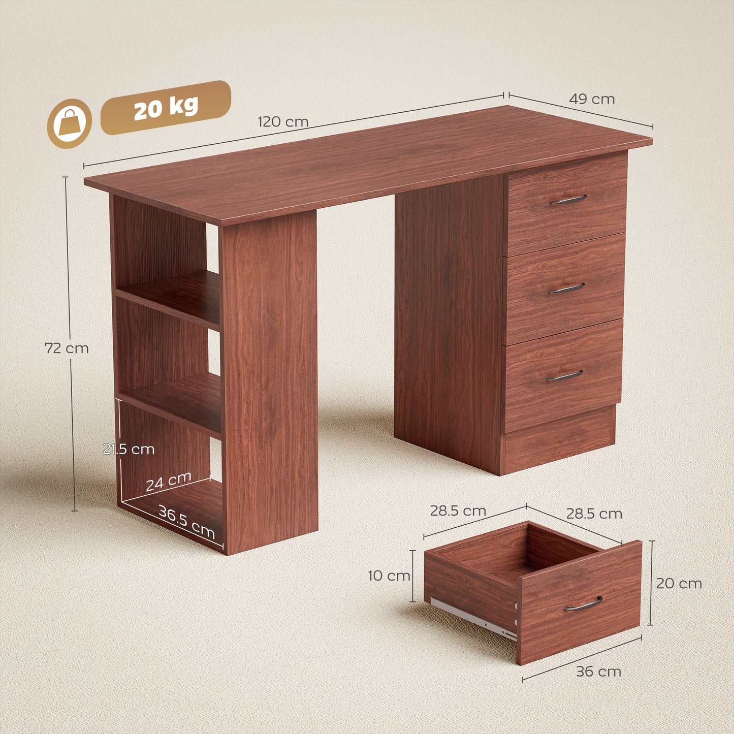 Mimi 120cm Wooden Walnut Brown Home Office Desk With 3 Shelves And Drawer Storage