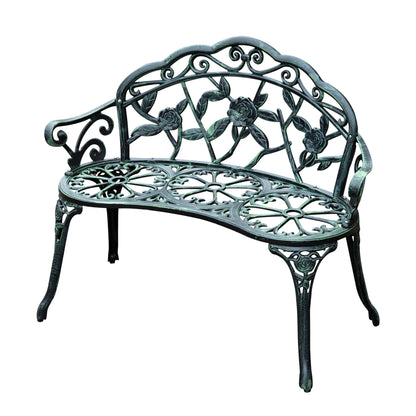 Rakeba Cast Aluminium Antique Green 2 Seater Garden Bench With Floral Backrest