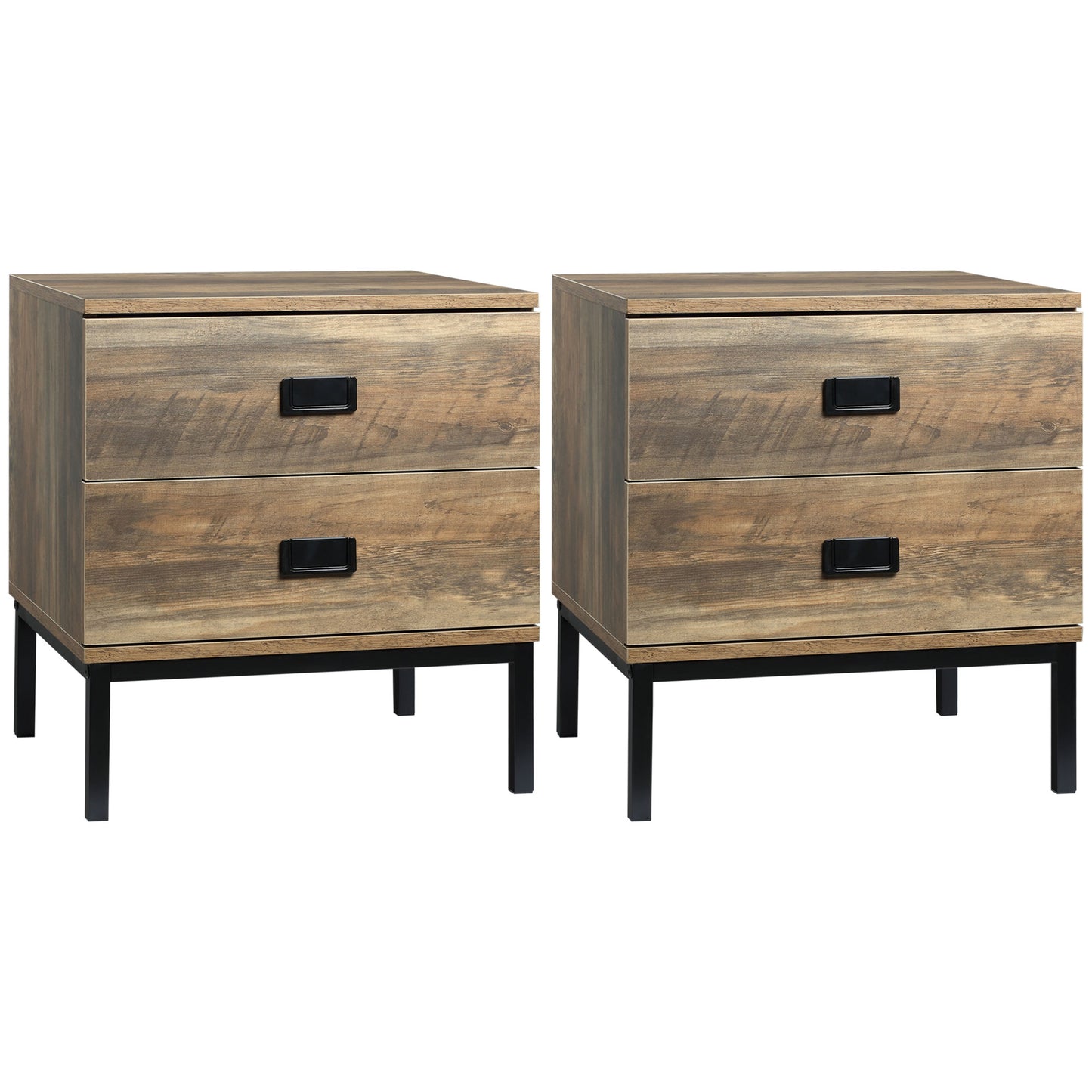 Monoyo Set Of 2 Coffee Brown Retro Bedside Tables 2 Drawers Black Legs