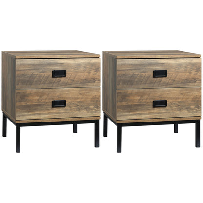 Monoyo Set Of 2 Coffee Brown Retro Bedside Tables 2 Drawers Black Legs