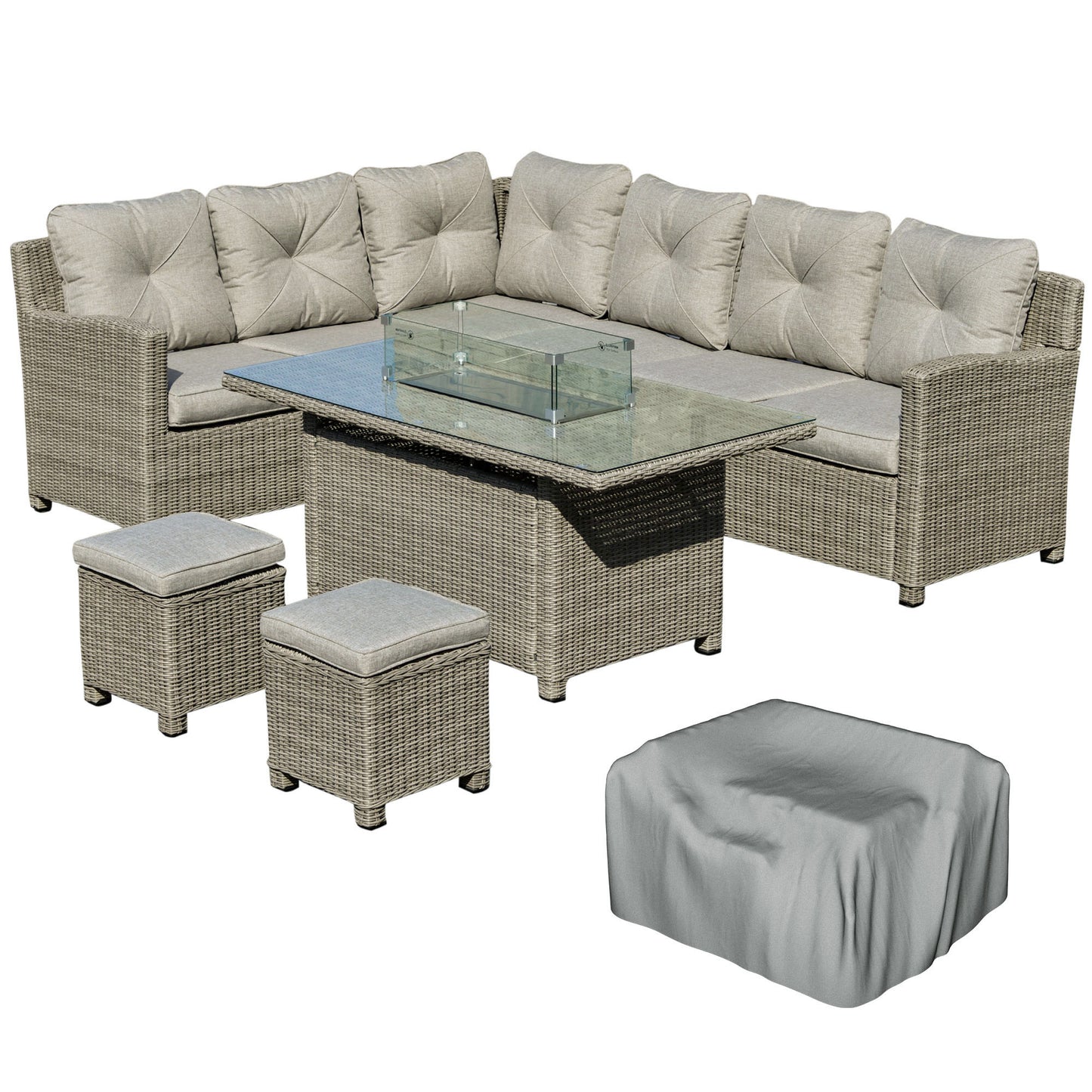 Fiva Faux Rattan 8 Seater L Shaped Outdoor Sofa Set With Fire Pit Table 2 Footstools and Cover
