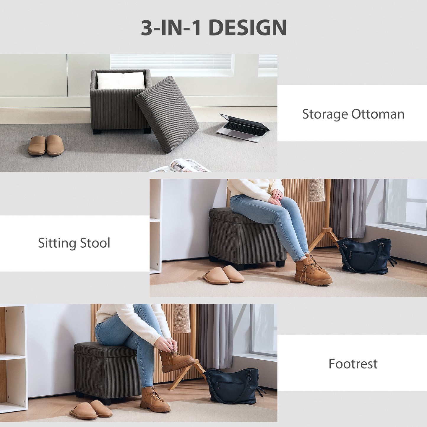 Creccette Corduroy Grey Storage Square Ottoman Bench With Removable Lid