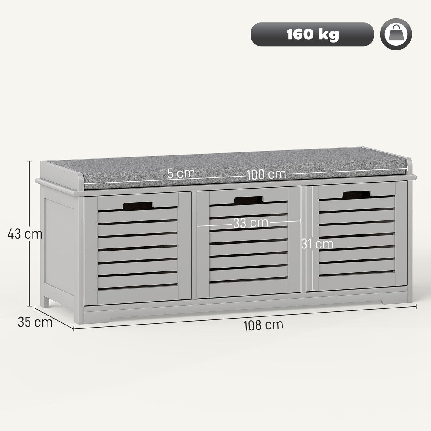 Vazi Wooden Grey 3 Drawer Shoe Storage Bench With Padded Top