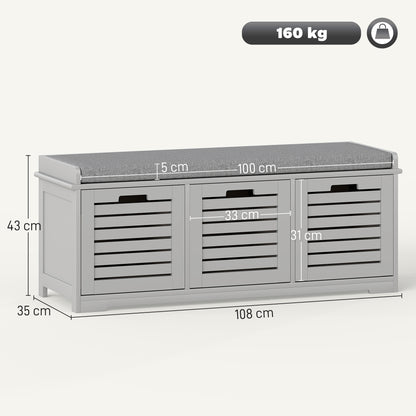 Vazi Wooden Grey 3 Drawer Shoe Storage Bench With Padded Top