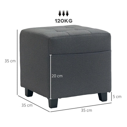 Linen Grey Compact Square Footstool With Side Pocket And Black Wooden Legs