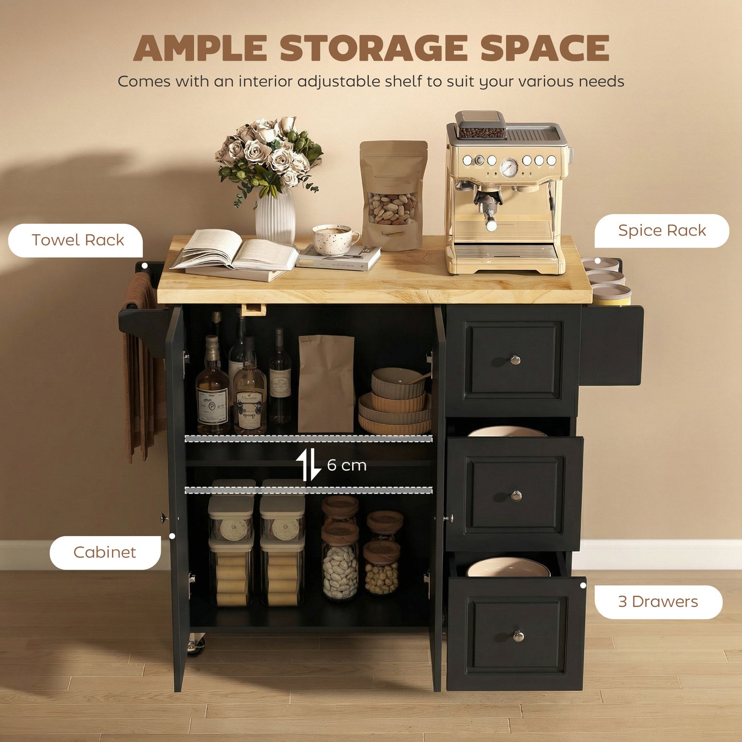Rolelo Wooden Black Rolling Kitchen Island With Drop Leaf Drawer Towel And Spice Racks