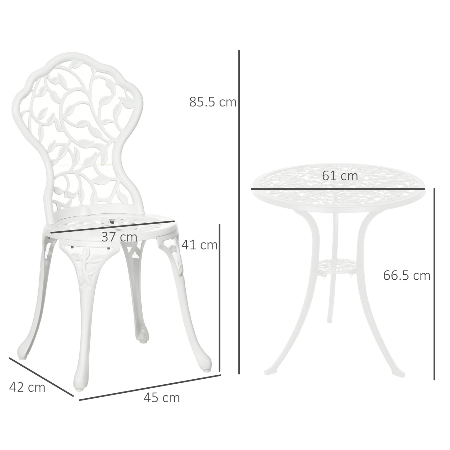 Karipa Cast Aluminium White 3 Piece Outdoor Floral Bistro Dining Set With Table And Chairs