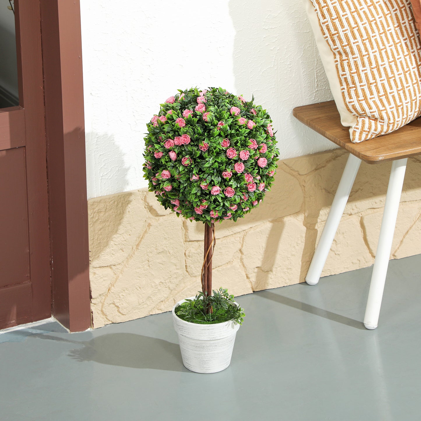 Roviyo Set Of 2 Artificial Rose Flower Topiary Ball Trees In Pots H8 60cm Pink
