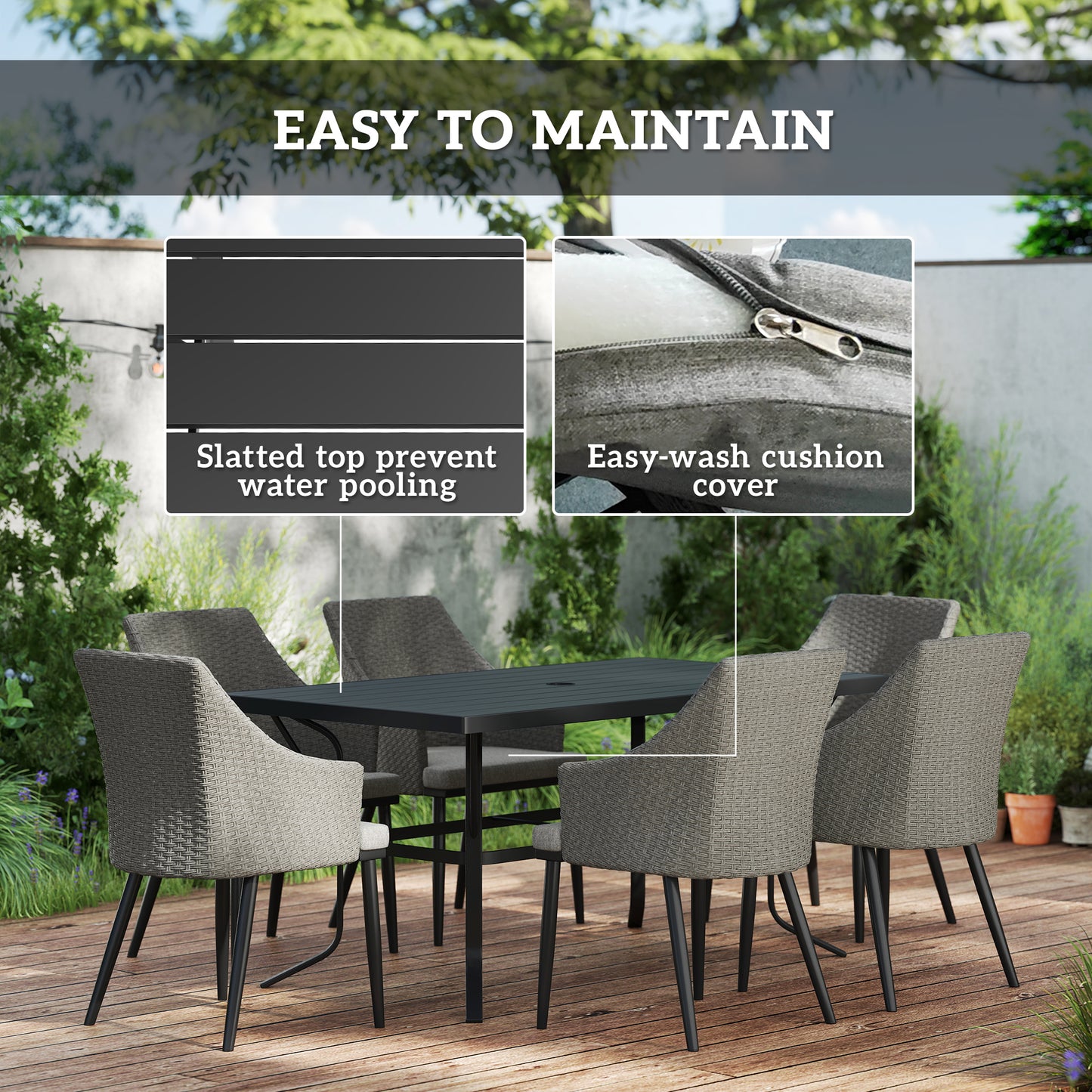 Kenere Rattan Grey 6 Seater Outdoor Dining Set With Armchairs And Slatted Table Parasol Hole