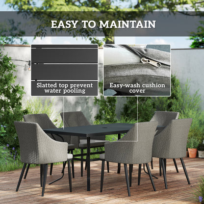 Kenere Rattan Grey 6 Seater Outdoor Dining Set With Armchairs And Slatted Table Parasol Hole