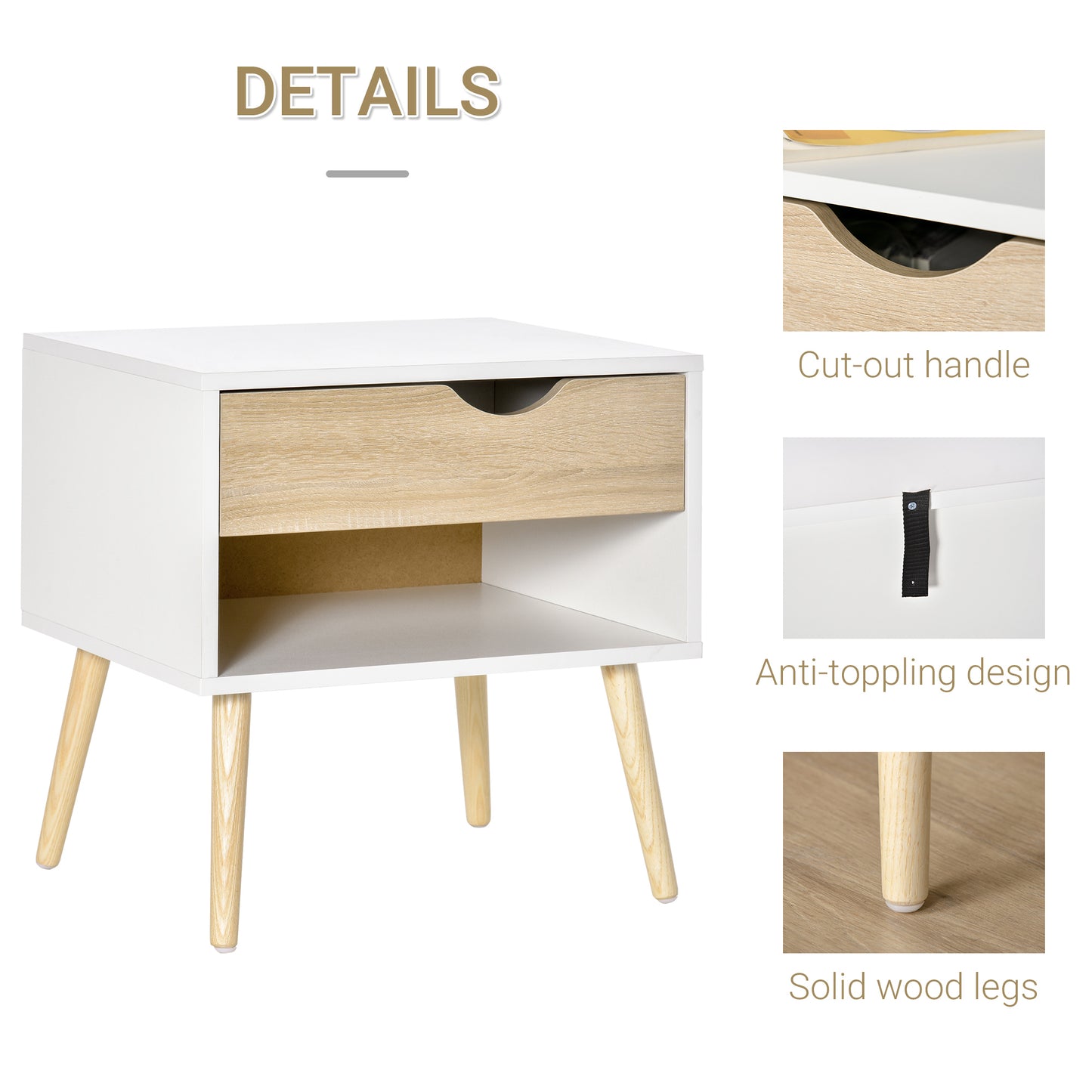 Basuve White Modern Bedside Table With Natural Wood Drawer And Shelf