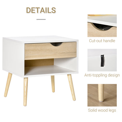 Basuve White Modern Bedside Table With Natural Wood Drawer And Shelf