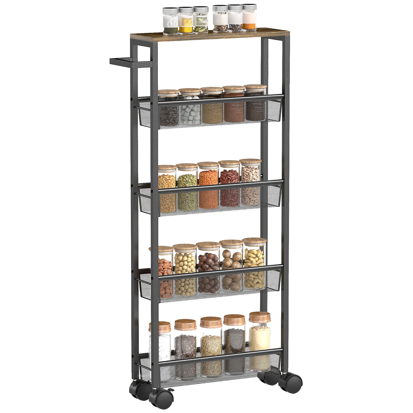 Raelno Metal Black 5 Tier Slim Storage Trolley With Wood Effect Top And Handle