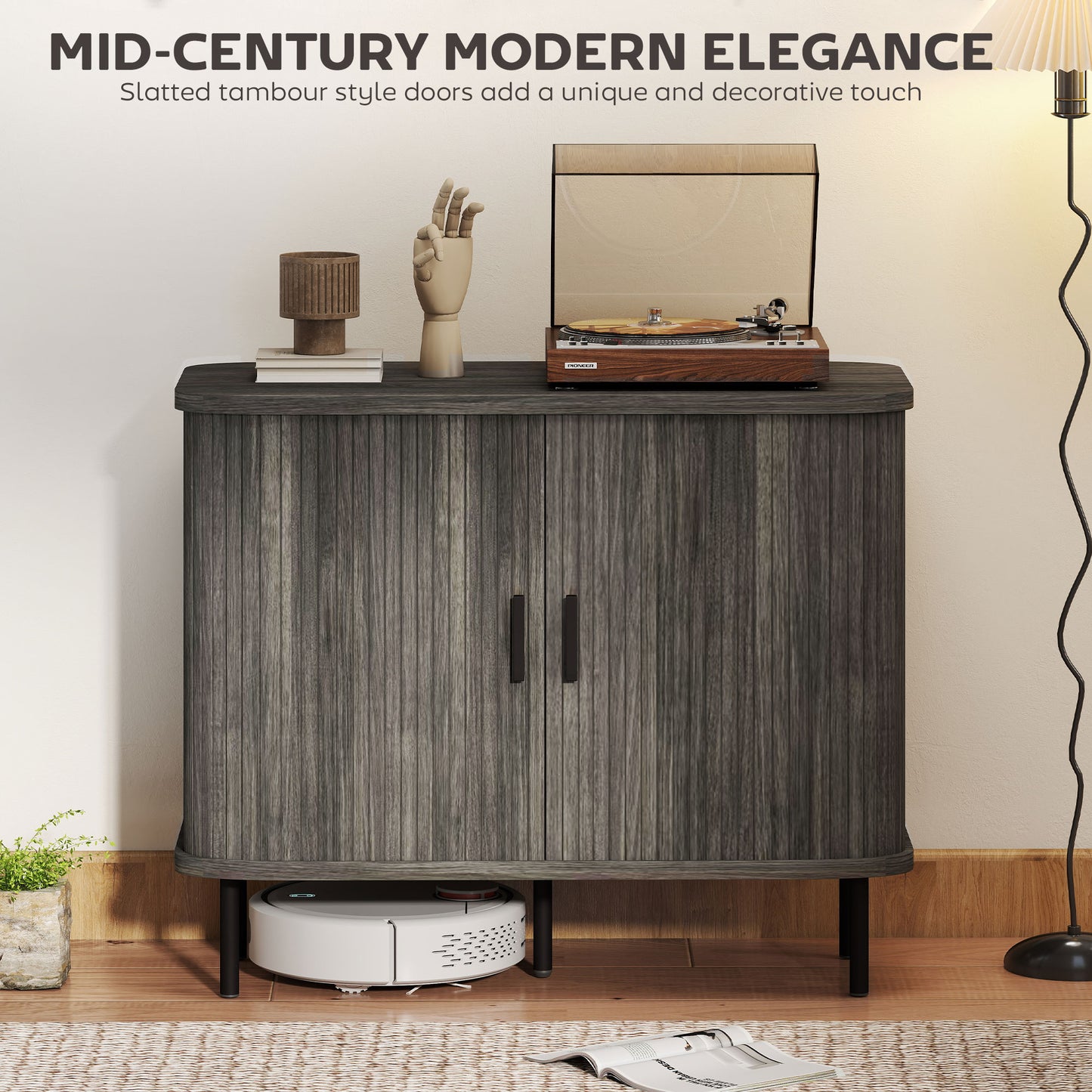 Tayoyo Grey Mid Century Sideboard With Slatted Sliding Doors And Steel Legs