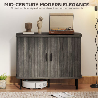 Tayoyo Grey Mid Century Sideboard With Slatted Sliding Doors And Steel Legs