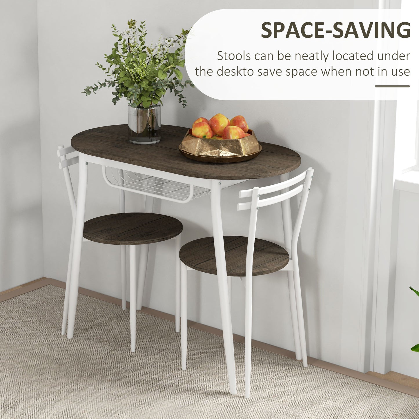 Naseva Metal And Wood Natural Oval Dining Table Set With 2 Chairs And Wire Storage
