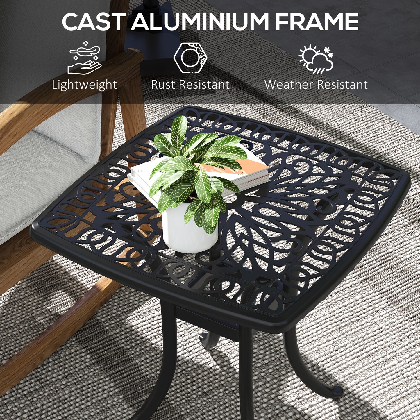 Dodo Cast Aluminium Black Square Outdoor Bistro Table With Umbrella Hole